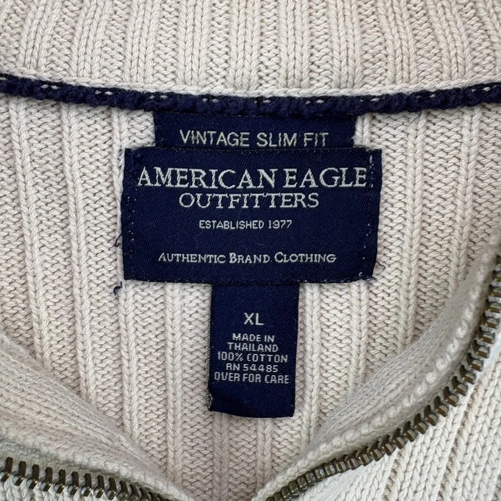 American Eagle Mens XL Quarter Zip Sweater‎ Cream Navy Stripe Ribbed Cotton 9861